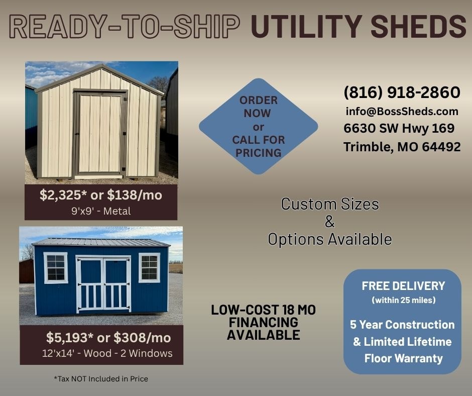 Ready-to-ship utility sheds flyer — starting at $2,325